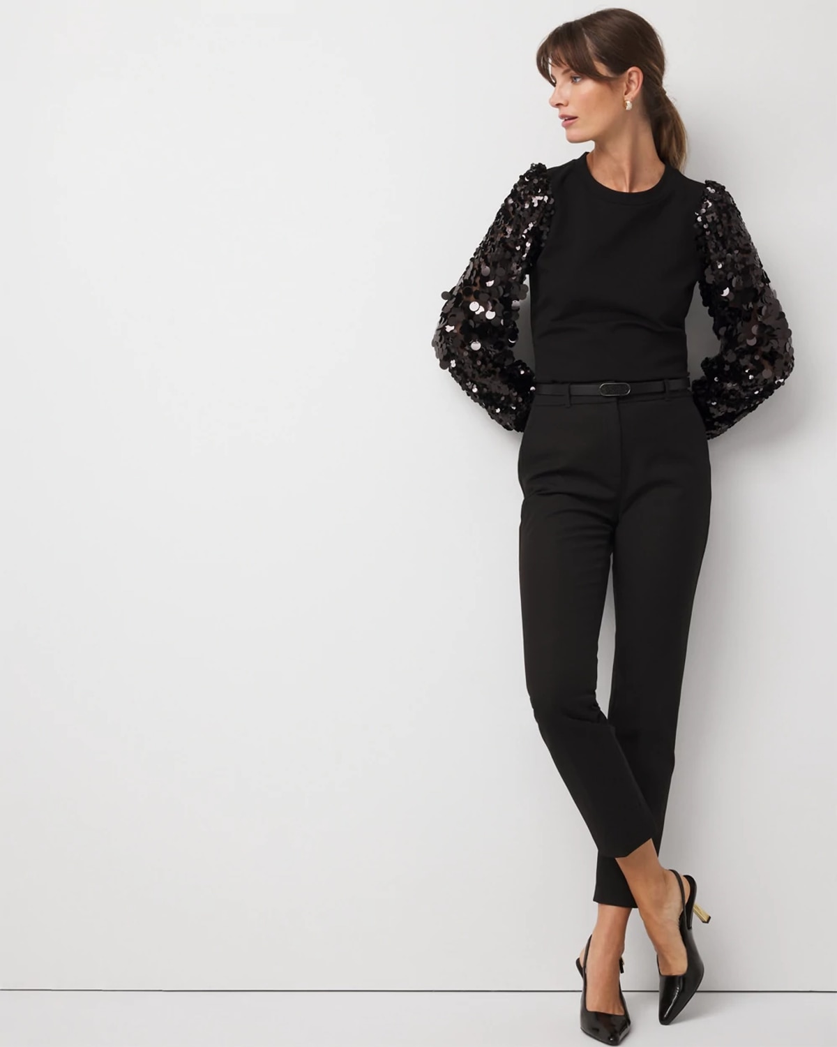 White House Black Market Sequin Blouson Sleeve Top In Black
