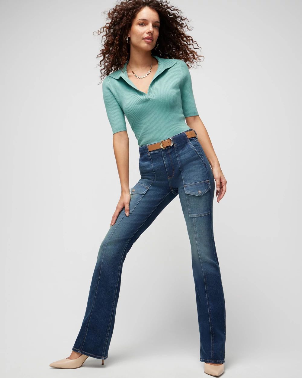 High-Rise Everyday Soft Denim  Cargo Skinny Flare Jeans click to view larger image.