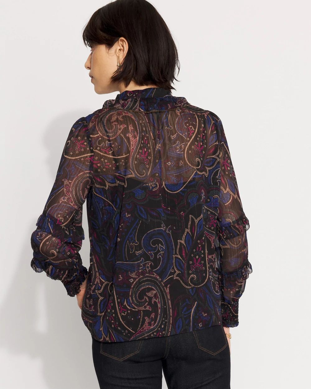 Petite Jacquard Ruffle Sleeve Chiffon Blouse
