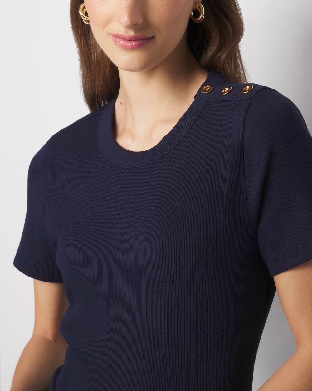 WHBM® FORME Ribbed Stretch Button Shoulder Tee click to view larger image.