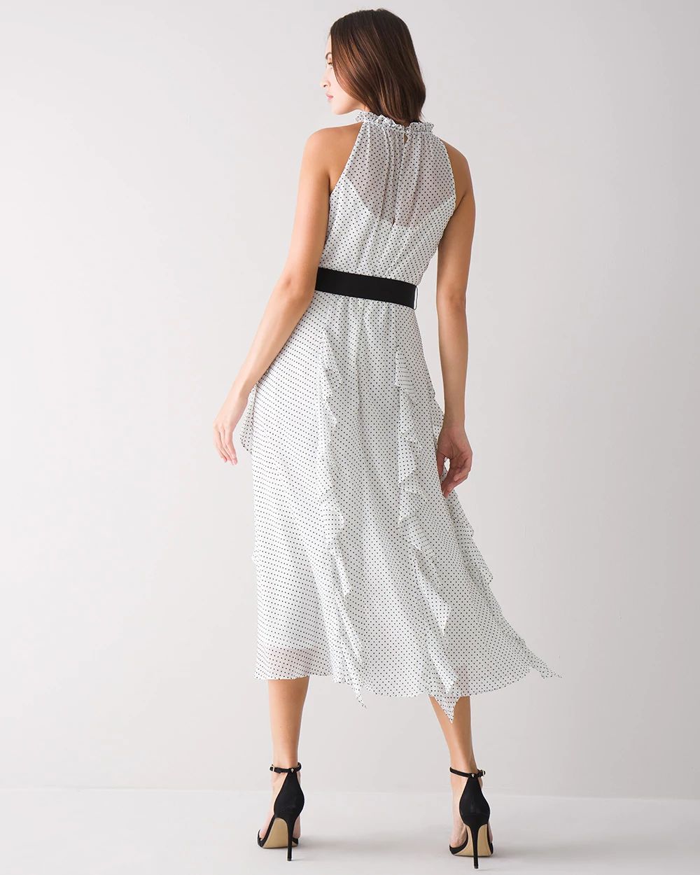 Sleeveless Flock-Dot Ruffled Midi Dress