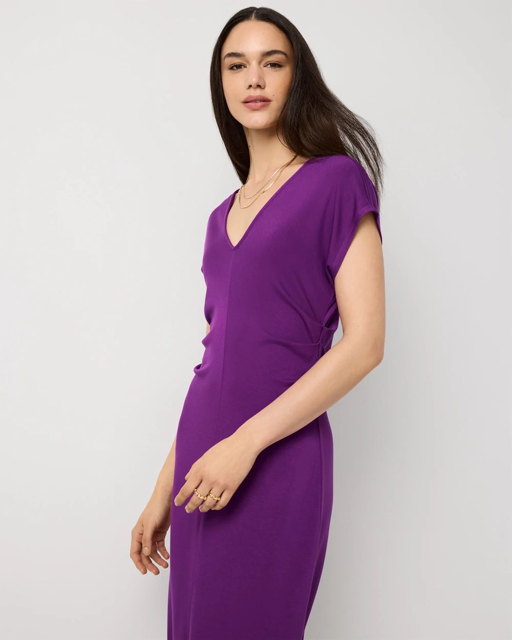 Petite Gathered Waist Short Sleeve Midi Dress