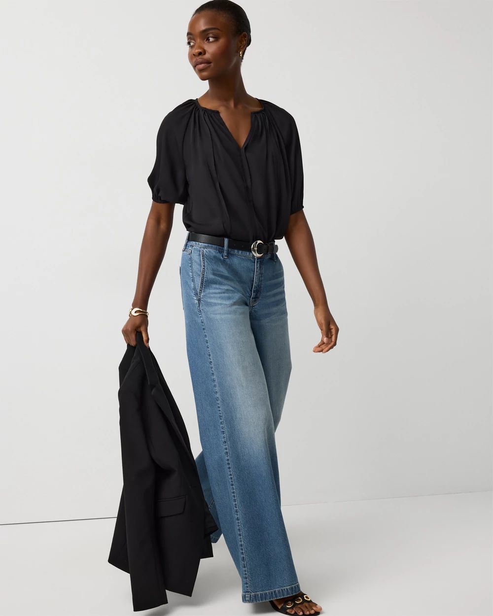 Elbow Sleeve V-neck Blouse click to view larger image.