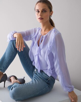 Long Sleeve Ruffled Tie Neck Blouse