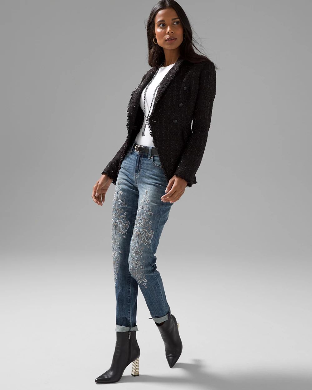 Mid Rise Everyday Soft Denim Embroidered Girlfriend Jeans