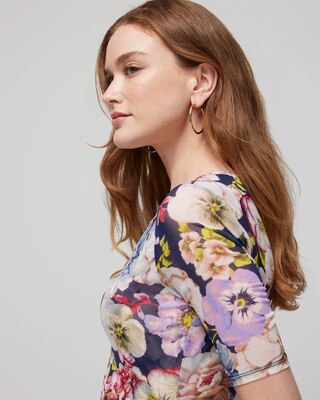 Elbow Sleeve Printed Mesh Ruched Tee