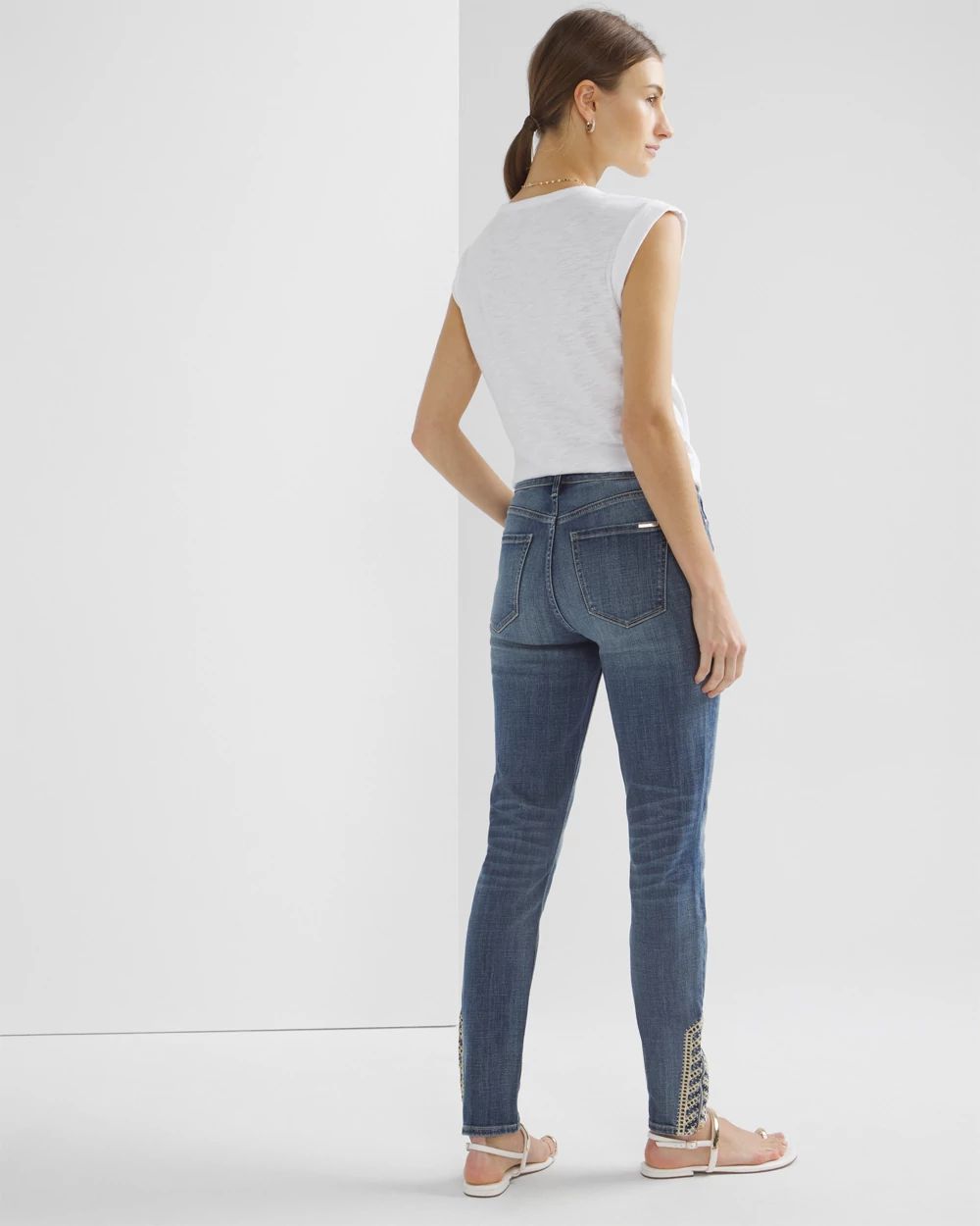 High-Rise Everyday Soft Denim Embellished Hem Skinny Ankle Jeans click to view larger image.
