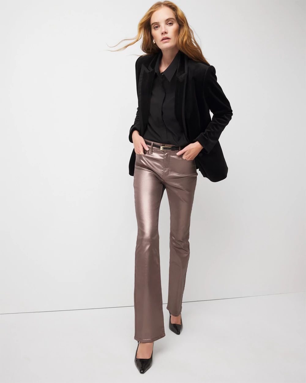 High Rise Metallic Coated Bootcut Jean click to view larger image.