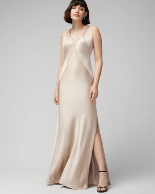 Petite V-Neck Low Back Satin Gown