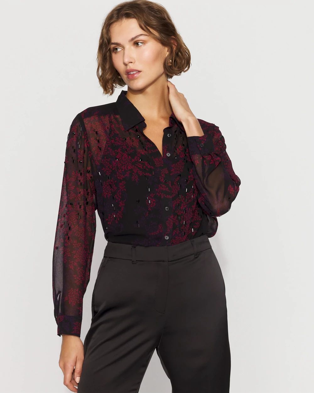 Petite Embellished Sheer Floral Shirt