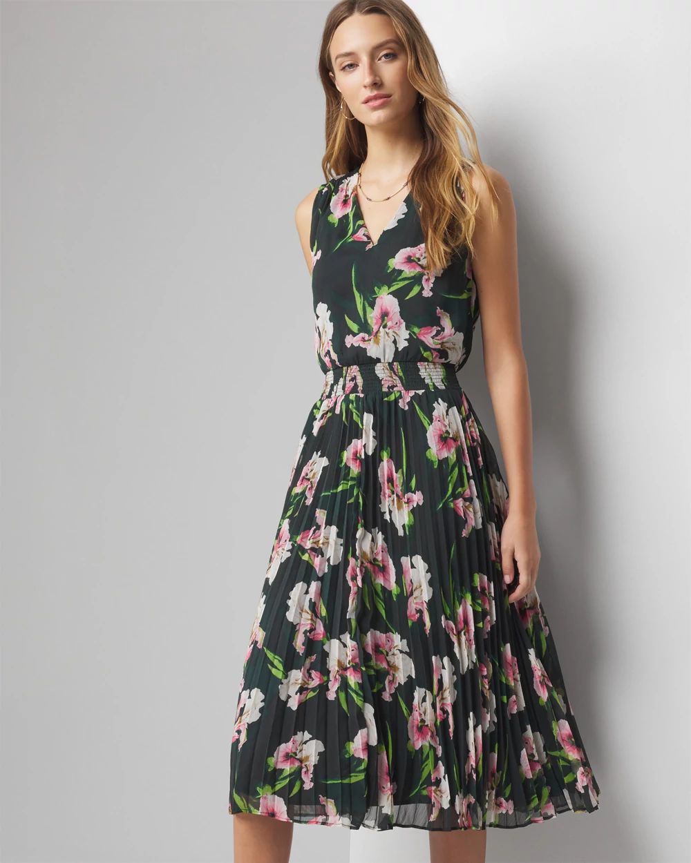 Sleeveless V-Neck Smocked Pleated Midi Dress
