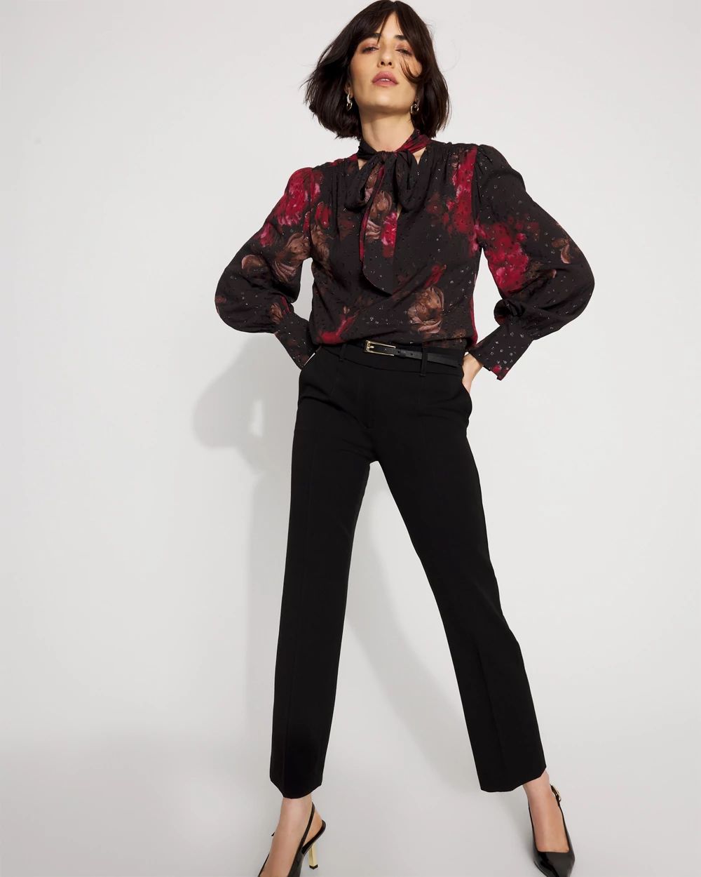 Petite Jacquard Tie-Neck Blouse