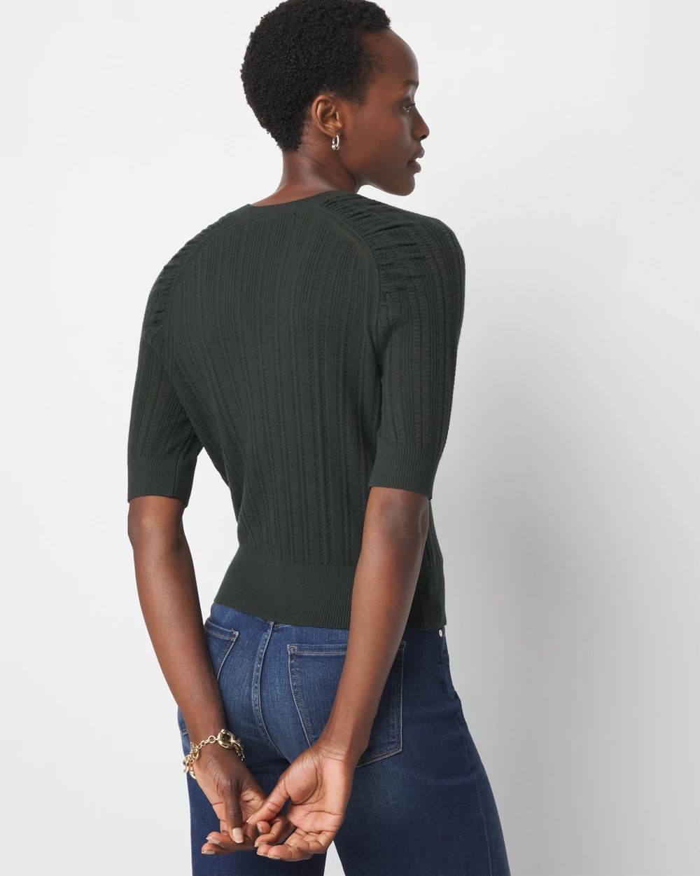 Cashmere-Blend Elbow-Sleeve Shirred Sweater
