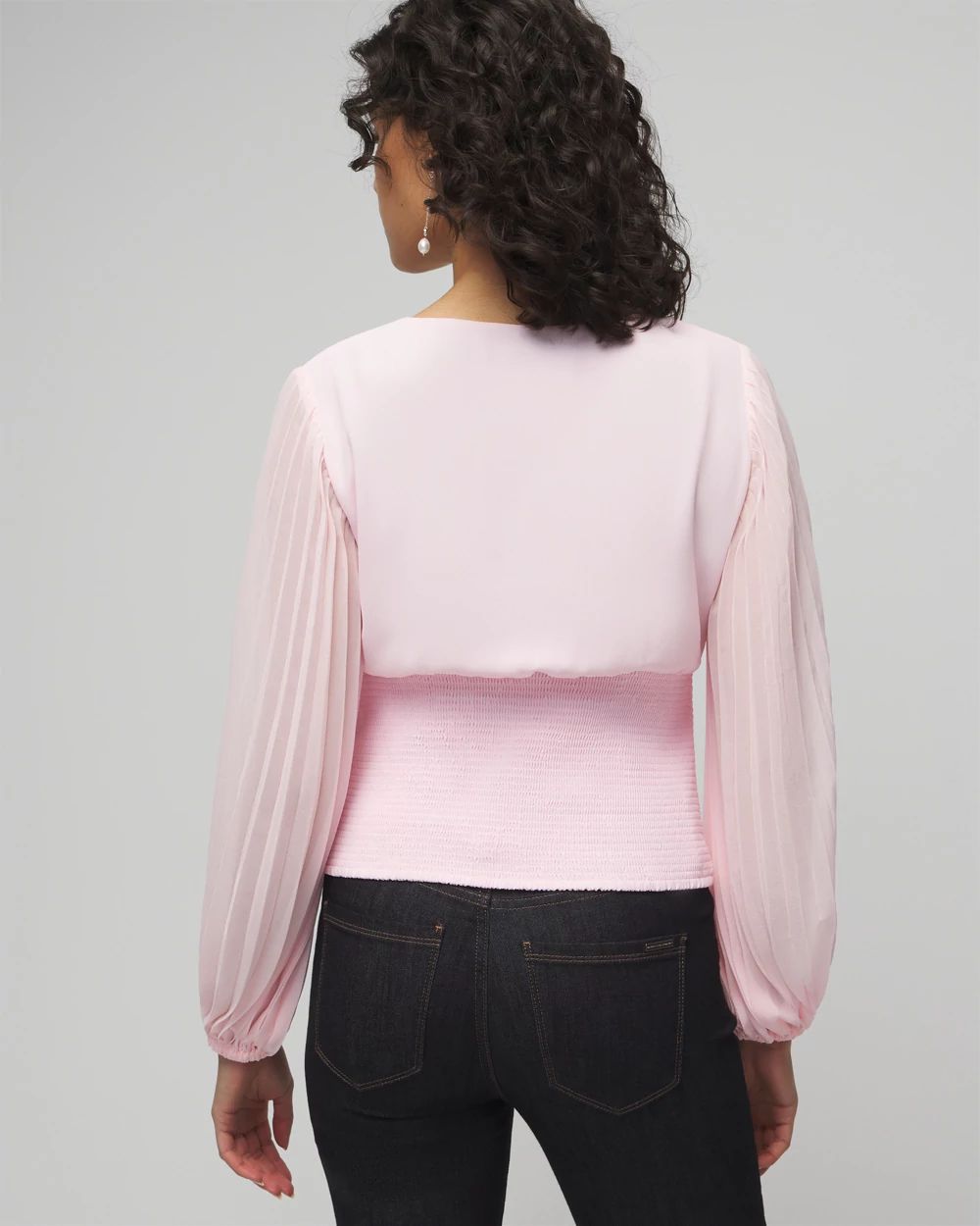 Long Sleeve Pleated Crepe Blouse