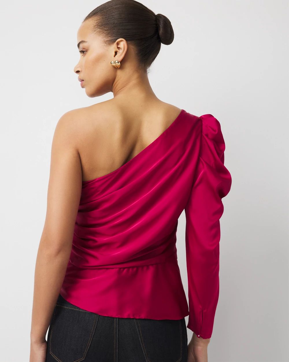 One-Shoulder Tie-Waist Satin Blouse