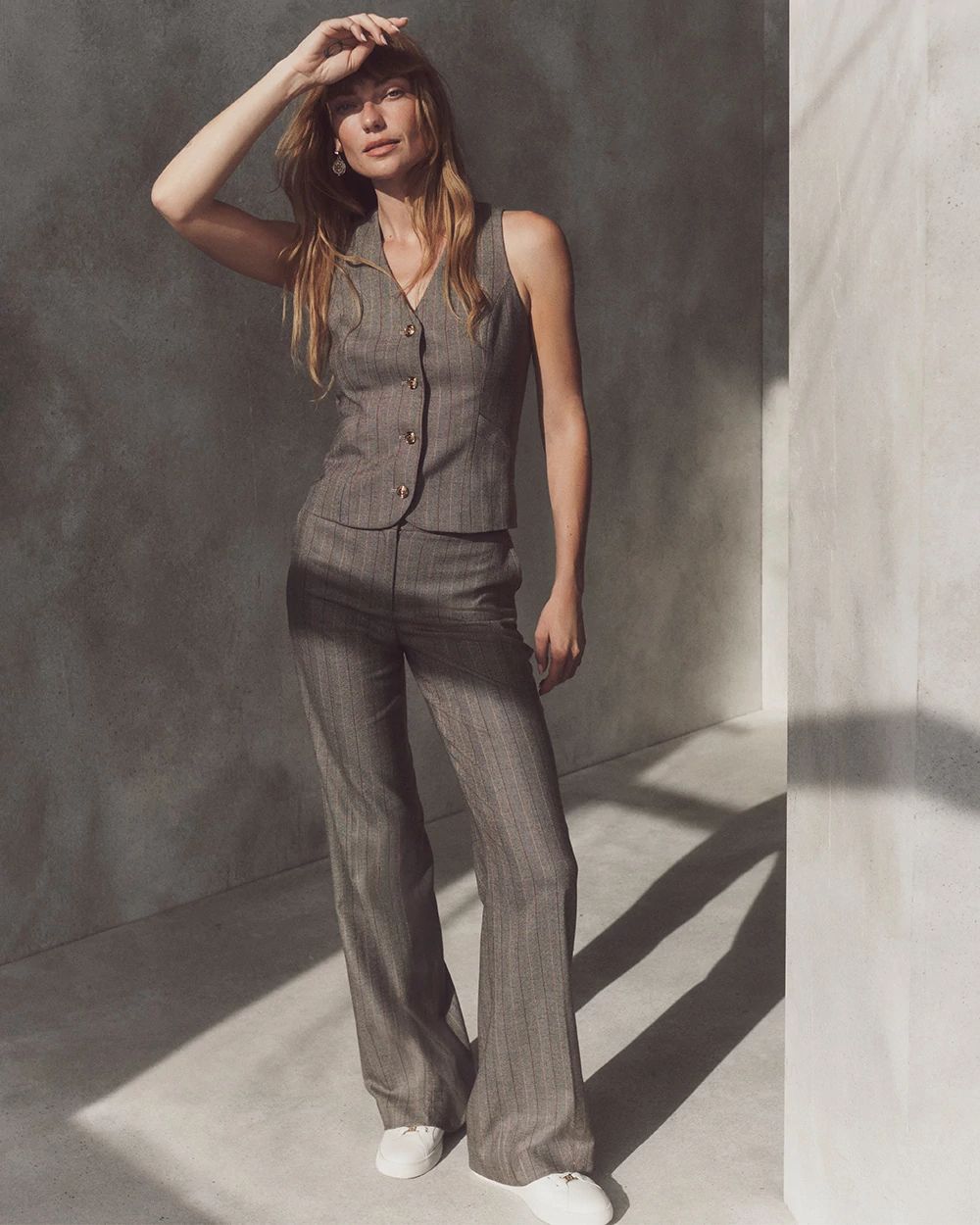 Wide leg pinstripe trousers top