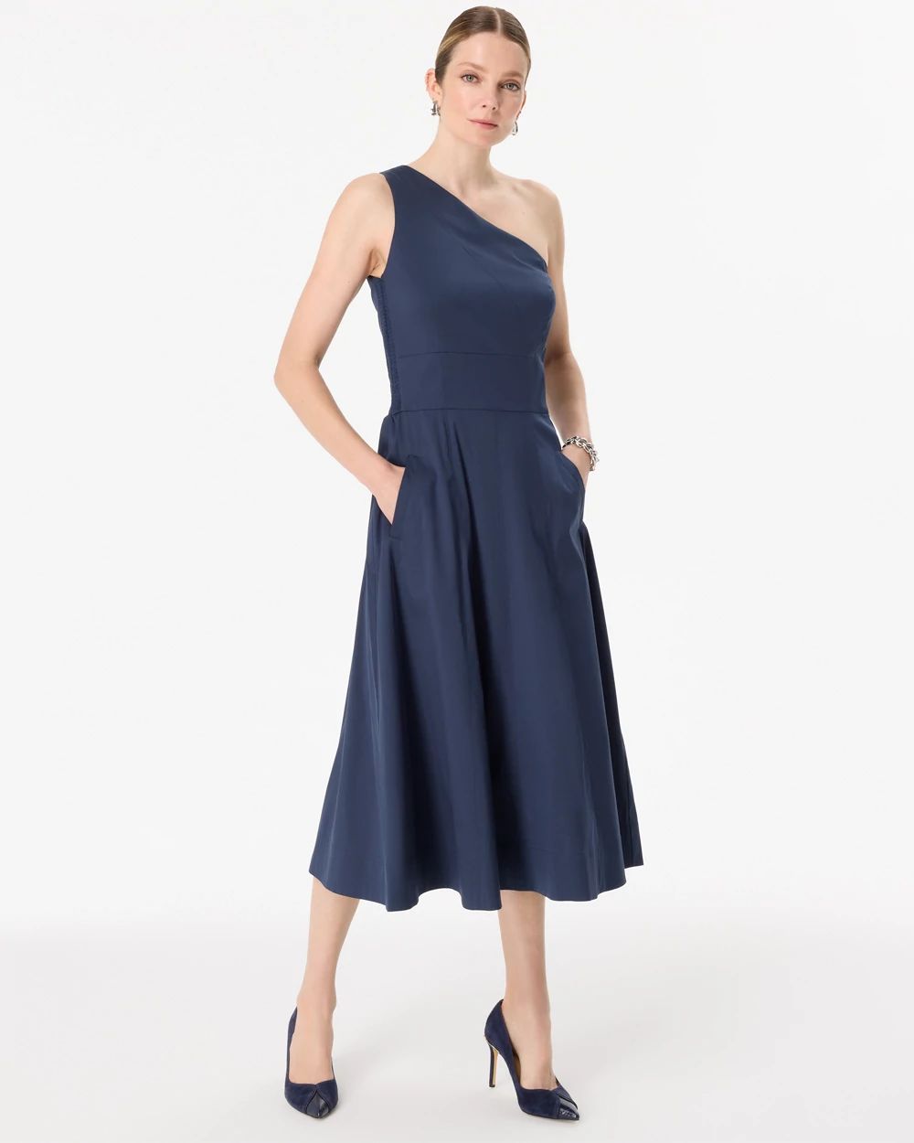 One-Shoulder Poplin Midi Dress click to view larger image.