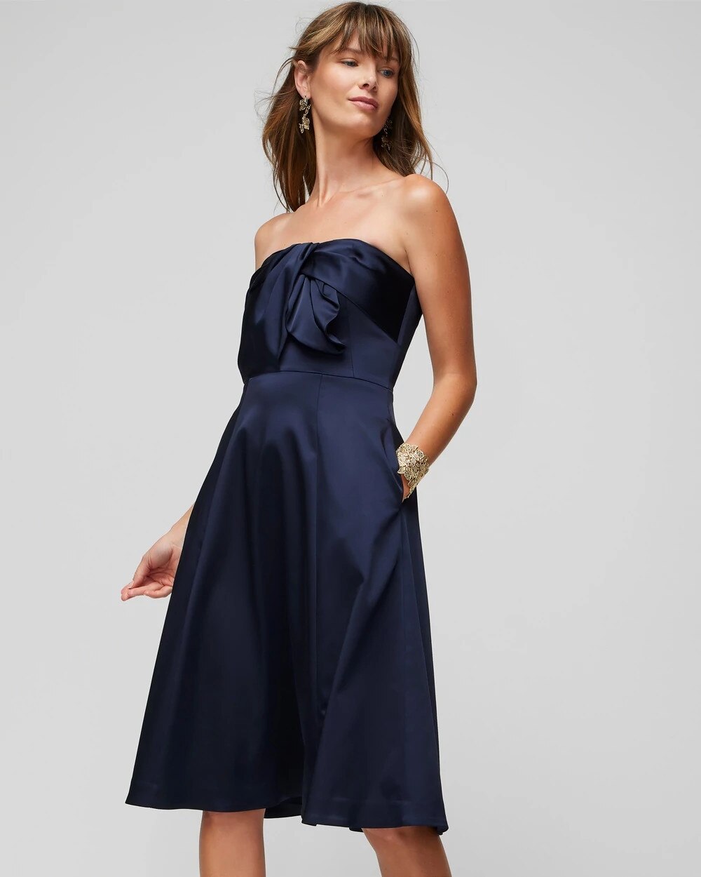 Petite Sleeveless Satin Draped Fit & Flare Midi - image 2