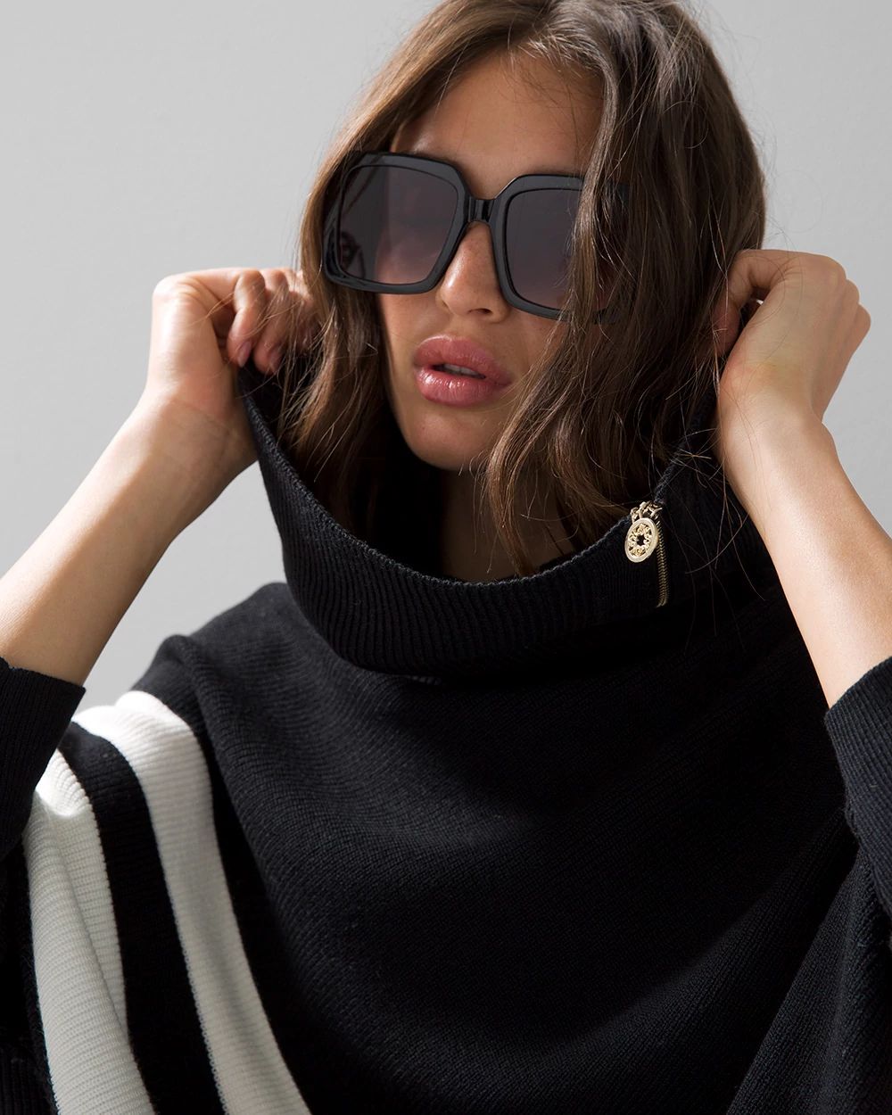 Long-Sleeve Zip-Neck Stripe Poncho