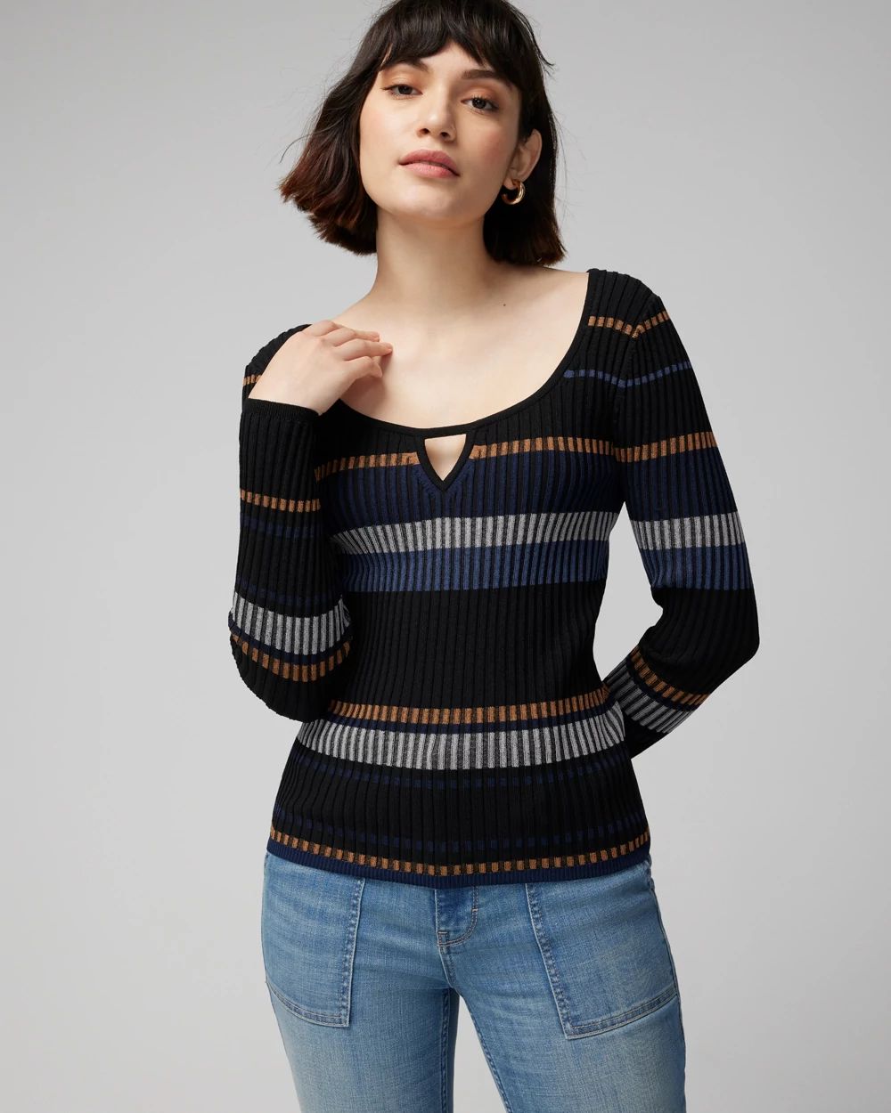 Petite Long Sleeve Stripe Keyhole Pullover Sweater