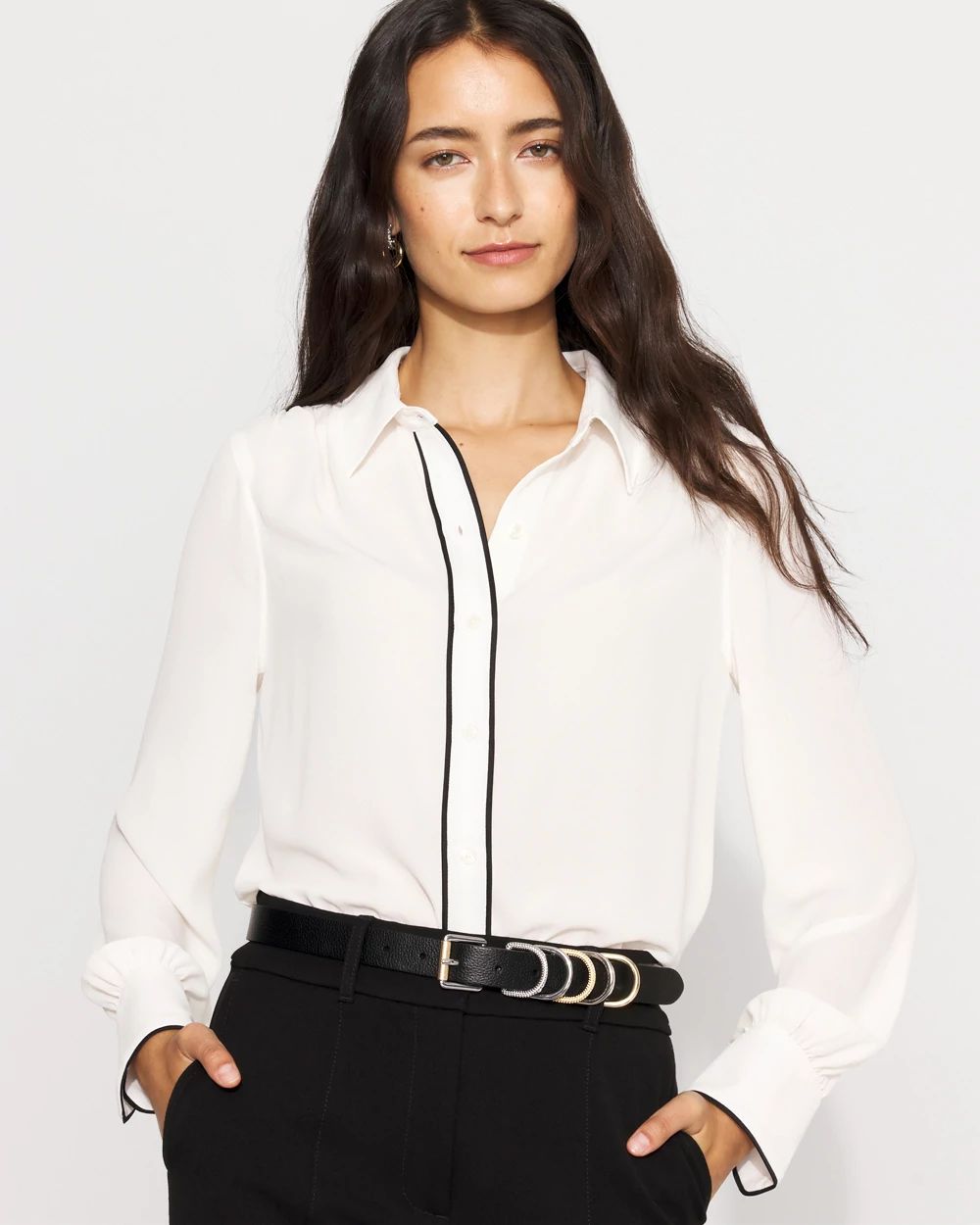 Petite Long Sleeve Soft Shirt with Piping