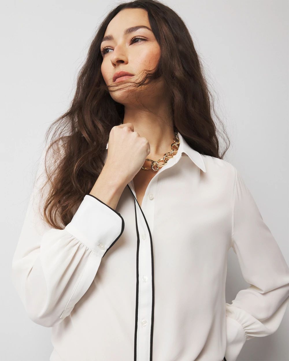Petite Long Sleeve Soft Shirt with Piping