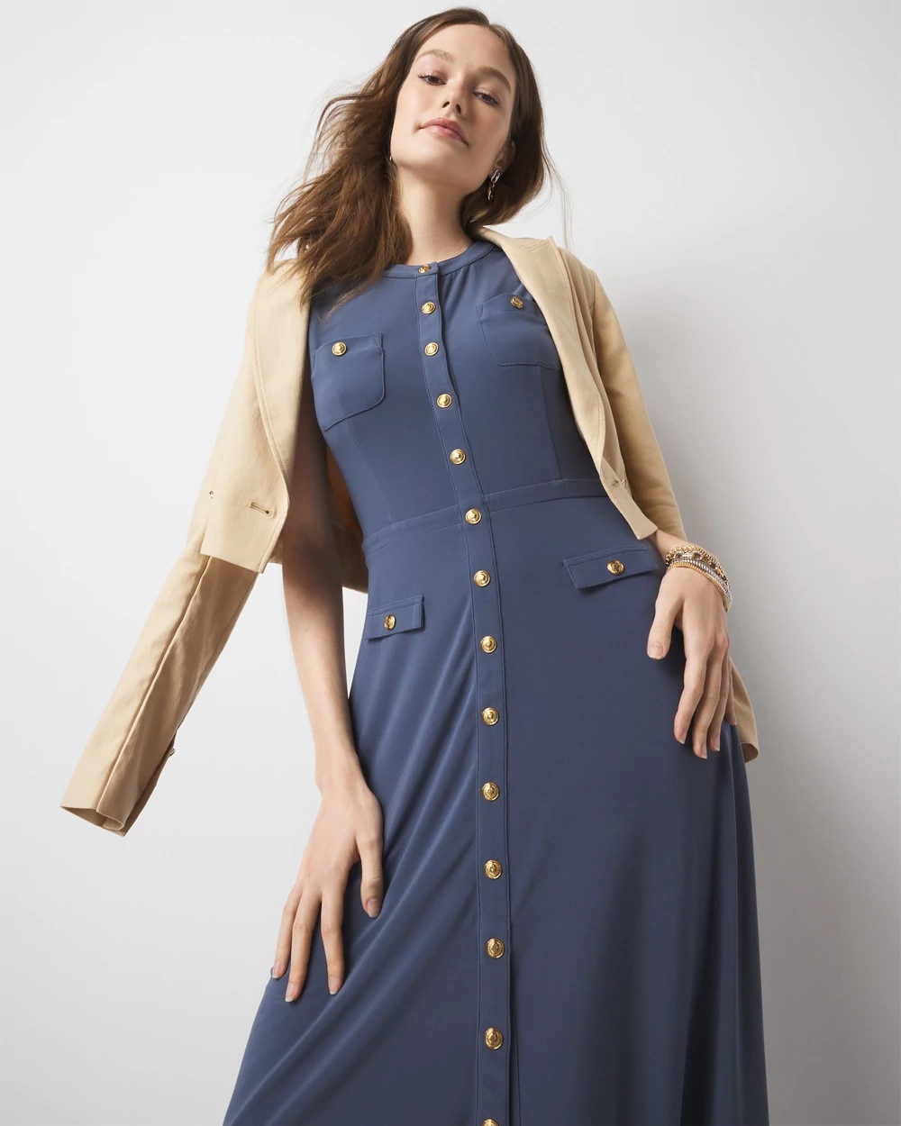 Petite Sleeveless Matte Jersey Crest Button Midi Dress