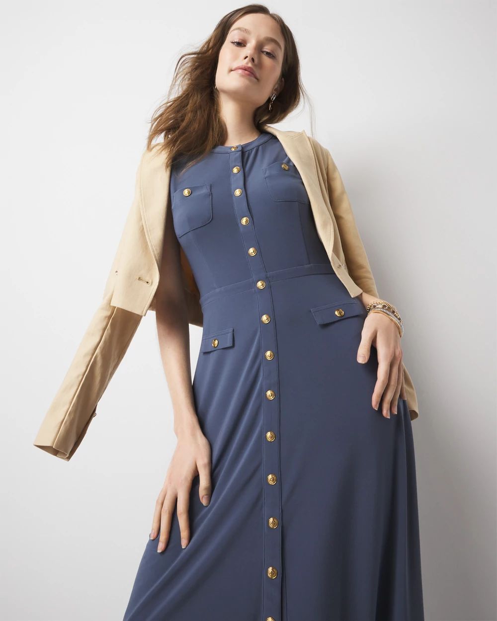 Sleeveless Crest Button Midi Dress