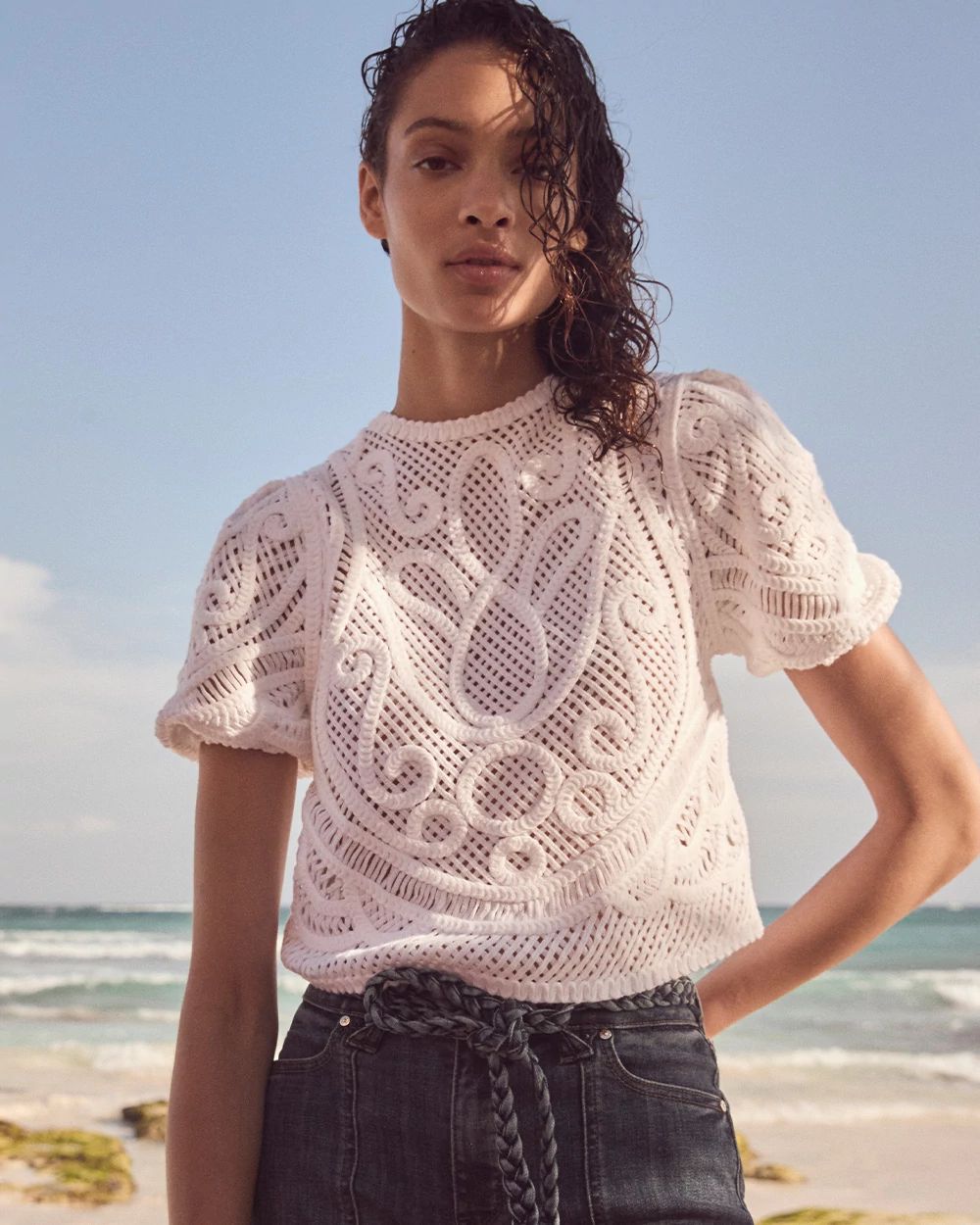 Puff Sleeve Crochet Sweater