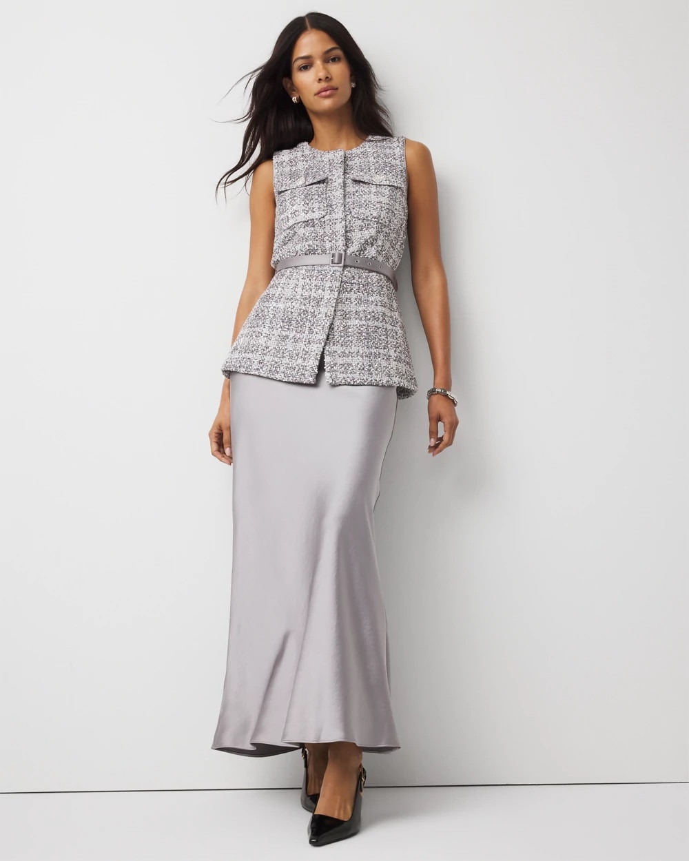 Tweed Vest + Satin Maxi Skirt