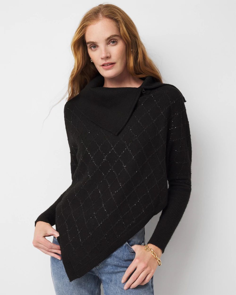 Sequin Argyle Sweater Poncho