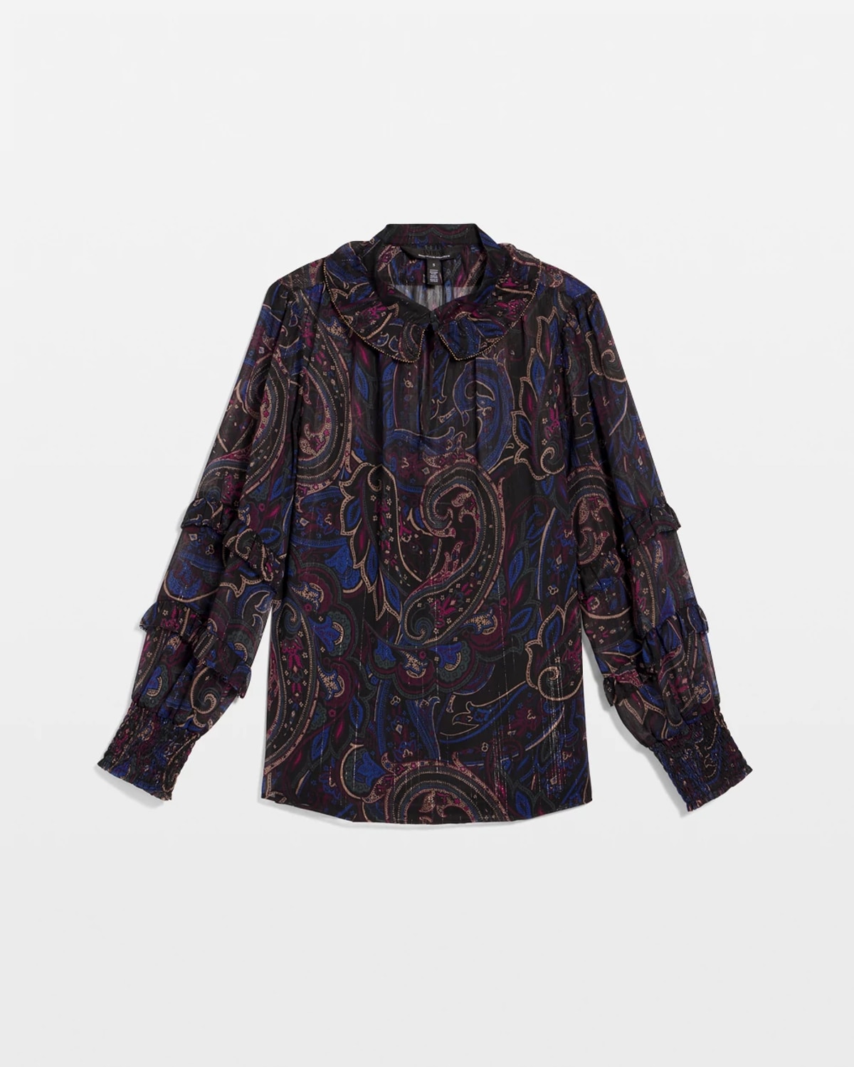 White House Black Market Jacquard Ruffle Sleeve Chiffon Blouse In Blue