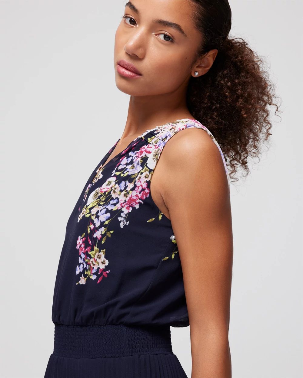Sleeveless Smocked V-Neck Pleated Midi Dress