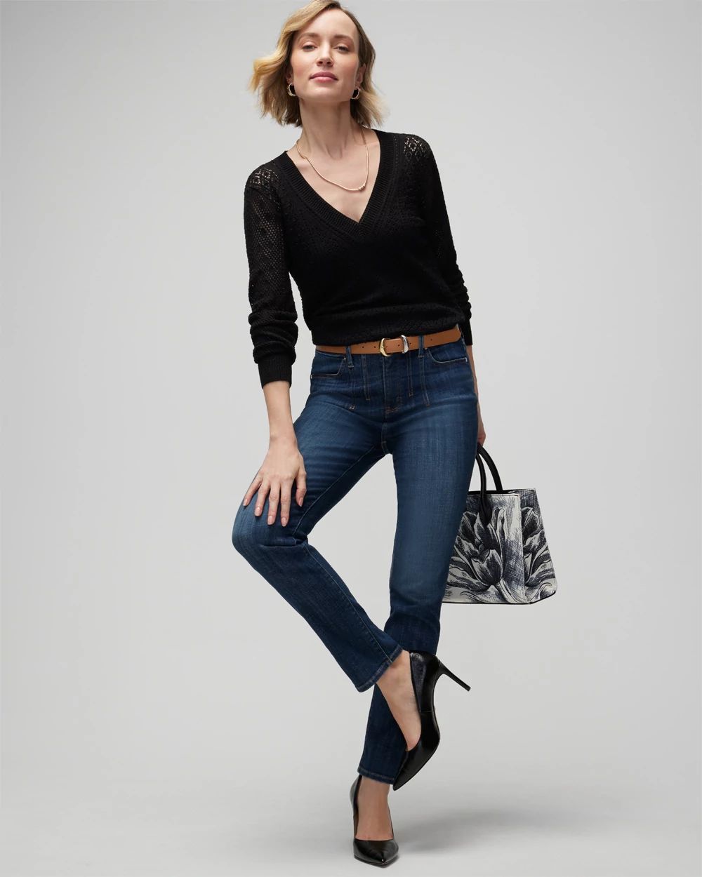 Long Sleeve Pointelle V-Neck Pullover