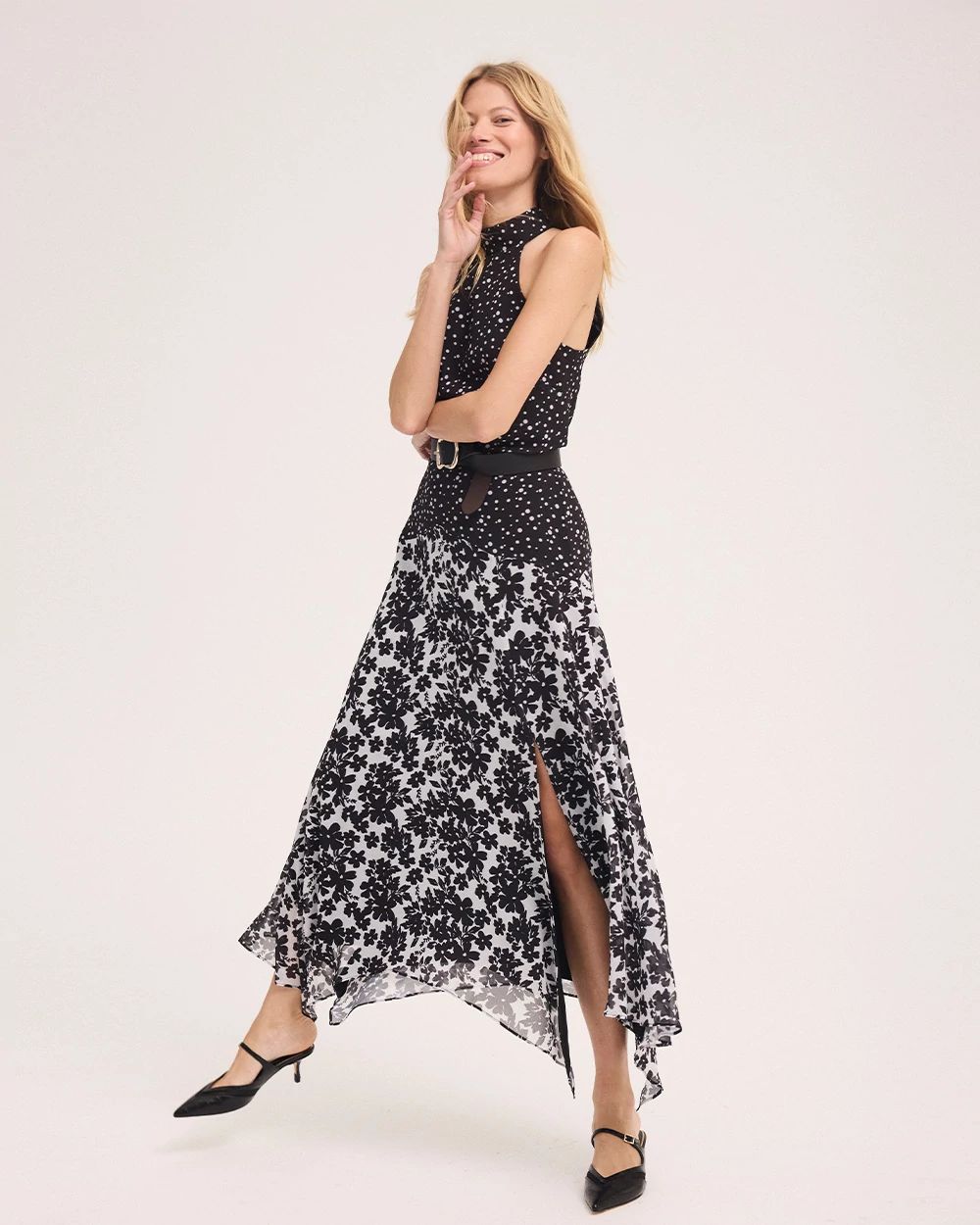 Handkerchief Hem Chiffon Halter Midi Dress