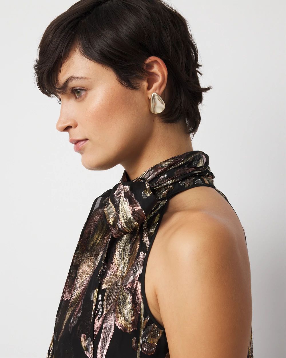 Floral Jacquard Tie-Neck Blouse click to view larger image.