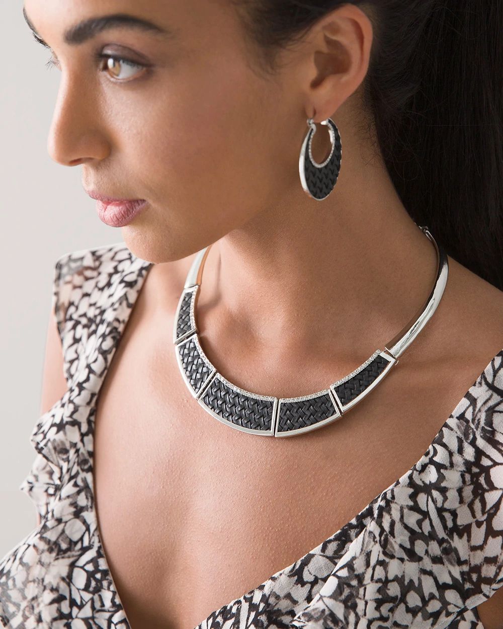 Black Leather & Silvertone Collar Necklace