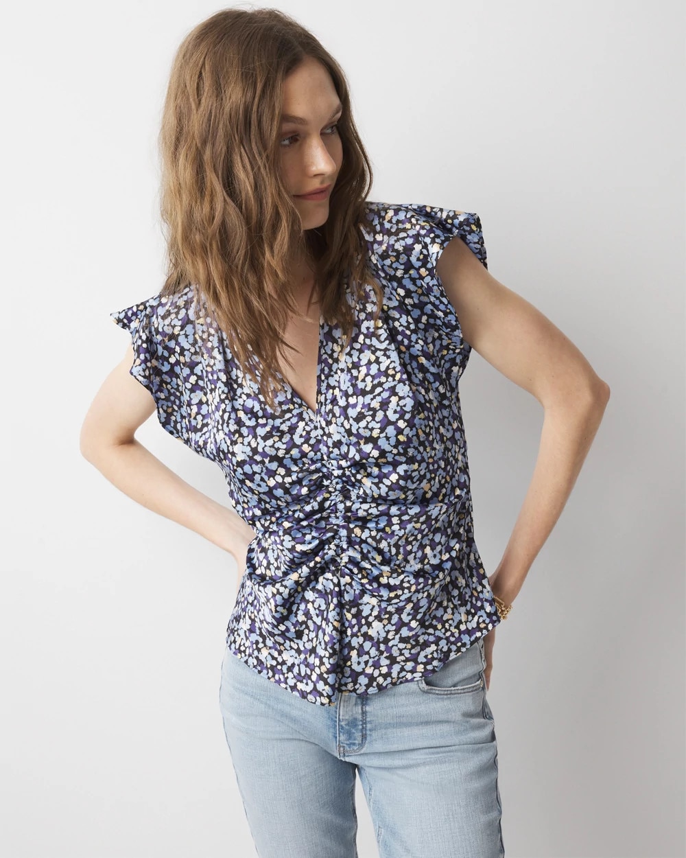 Ruched Front Flutter Sleeve Shell Top