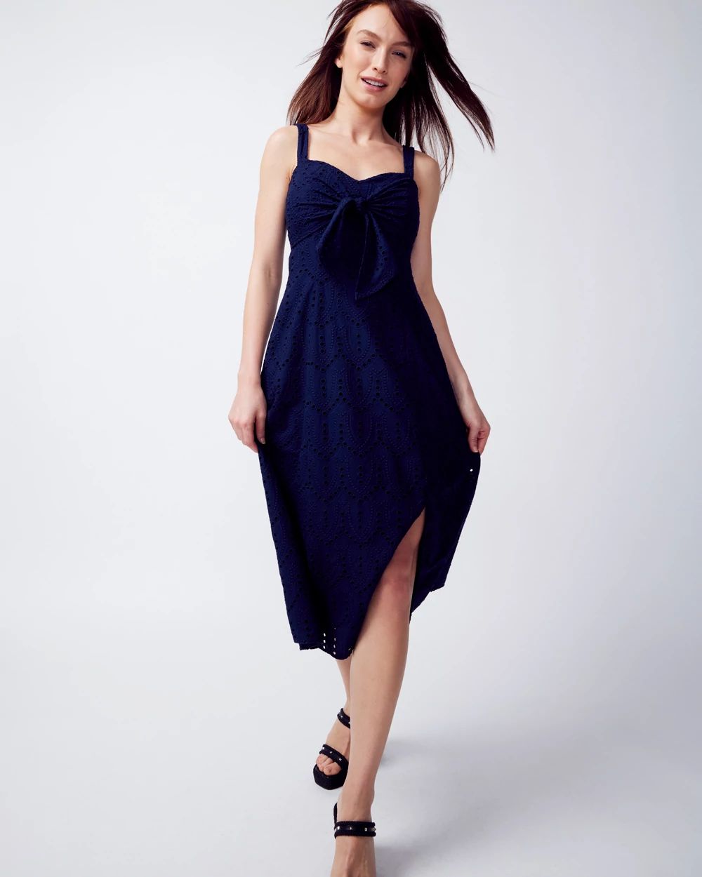 Tie-Front Eyelet Midi Dress