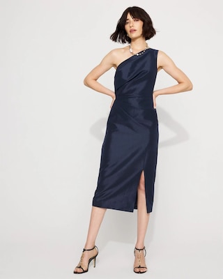 Petite One-Shoulder Stretch Taffeta Midi Dress