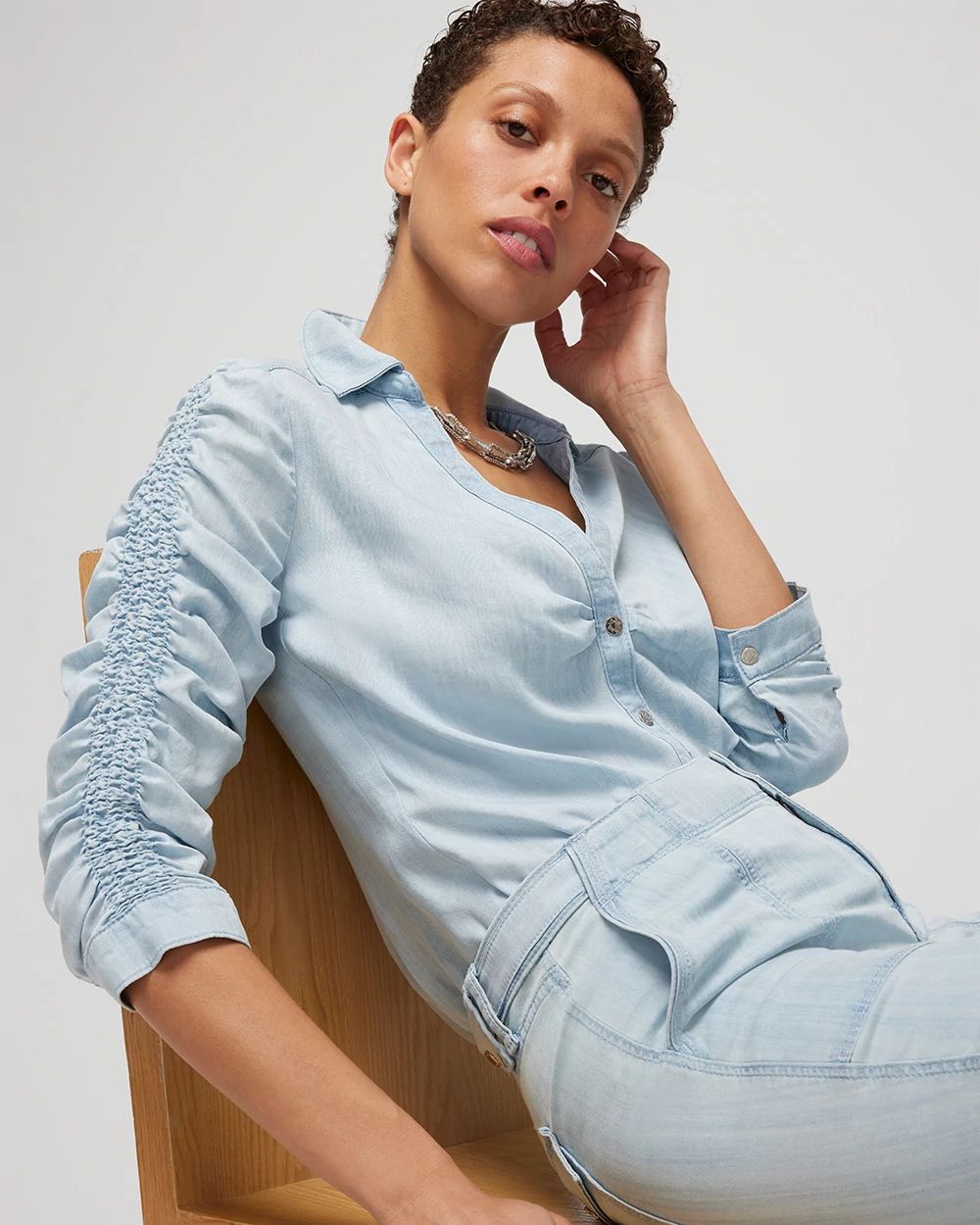 Smocked-Sleeve Denim Shirt