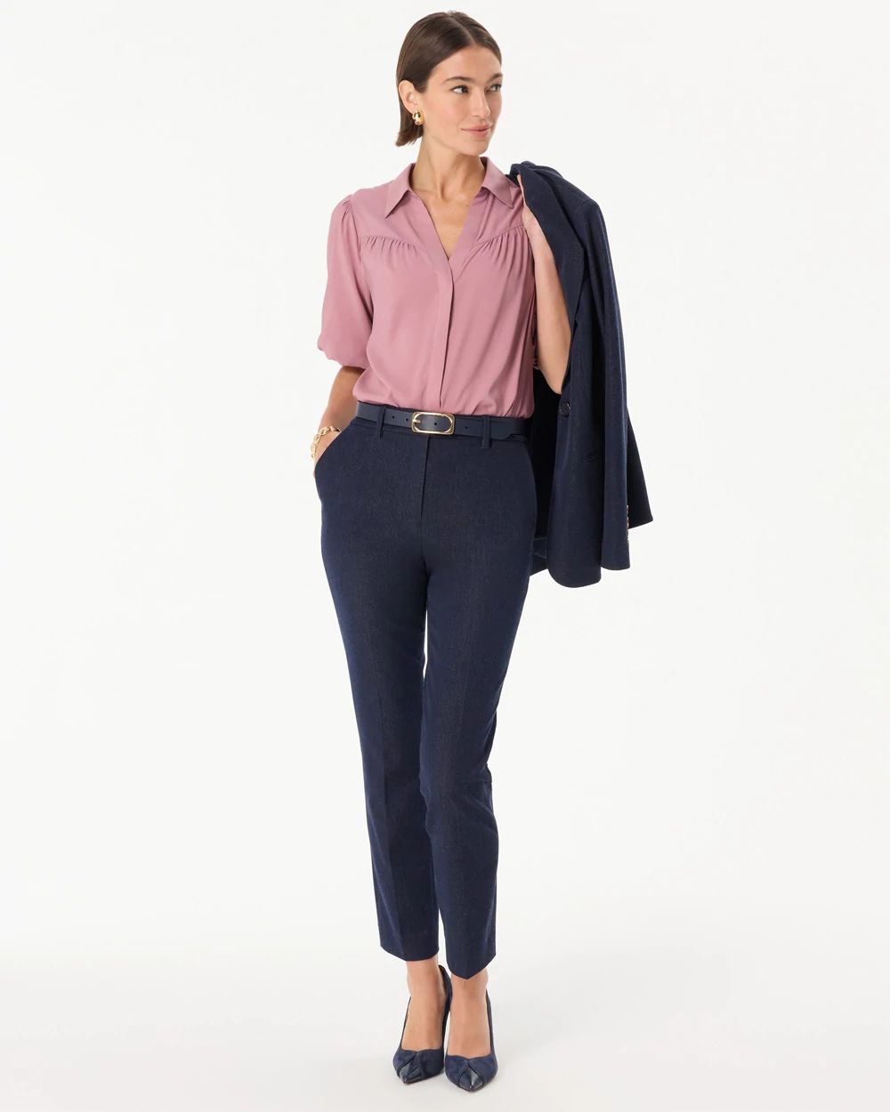 Matte Satin Y-neck Button Front Shirt click to view larger image.
