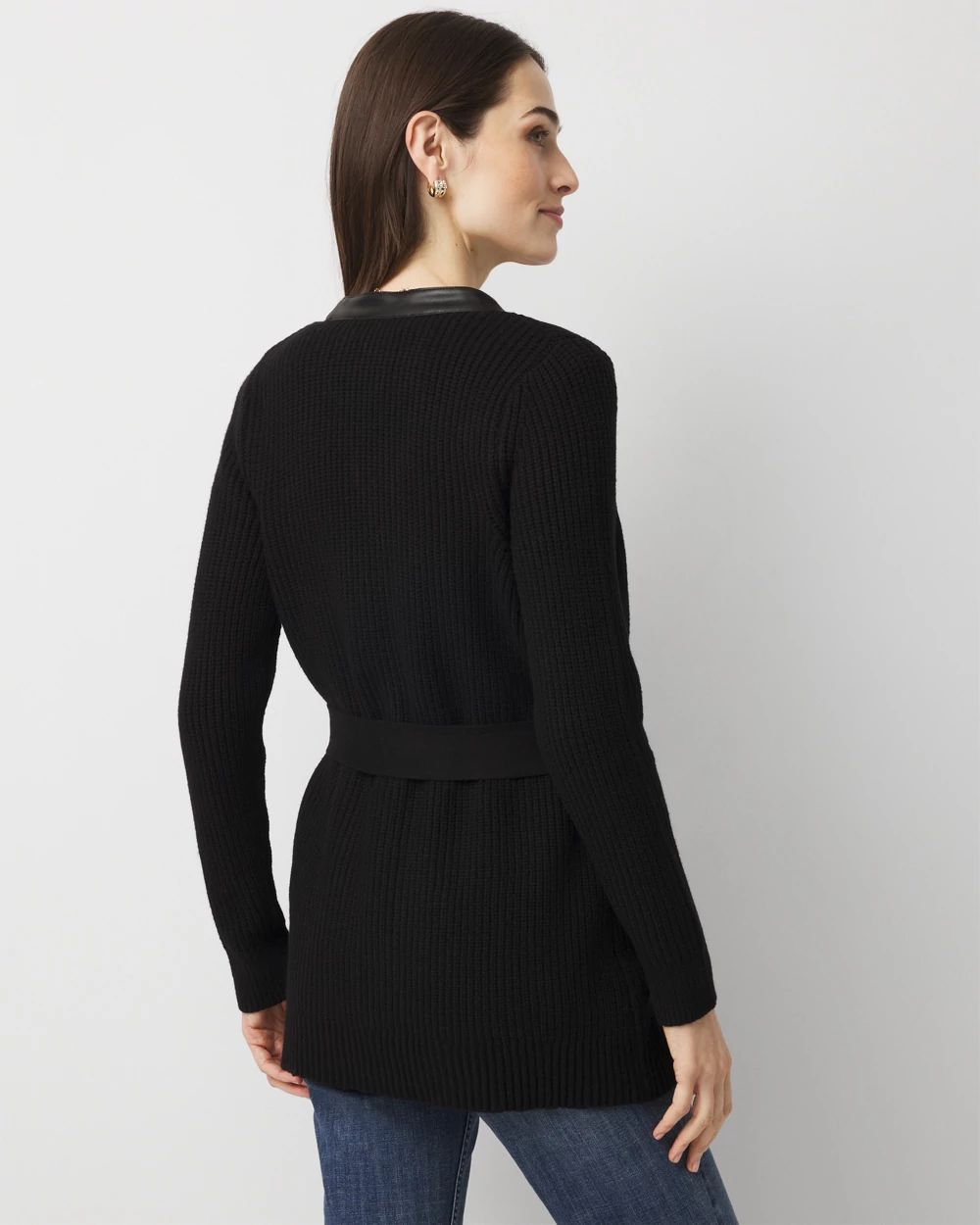 Faux Leather Trim Cardigan click to view larger image.