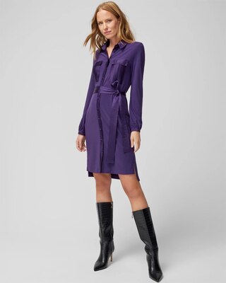 Long Sleeve Matte Jersey Shirtdress With Satin