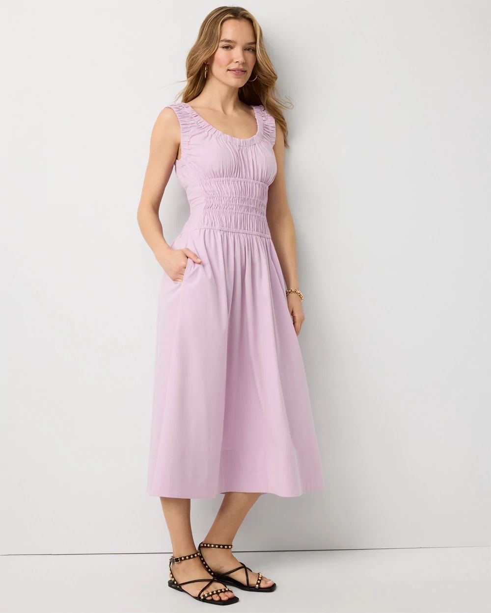Petite Ruched Poplin Midi Dress