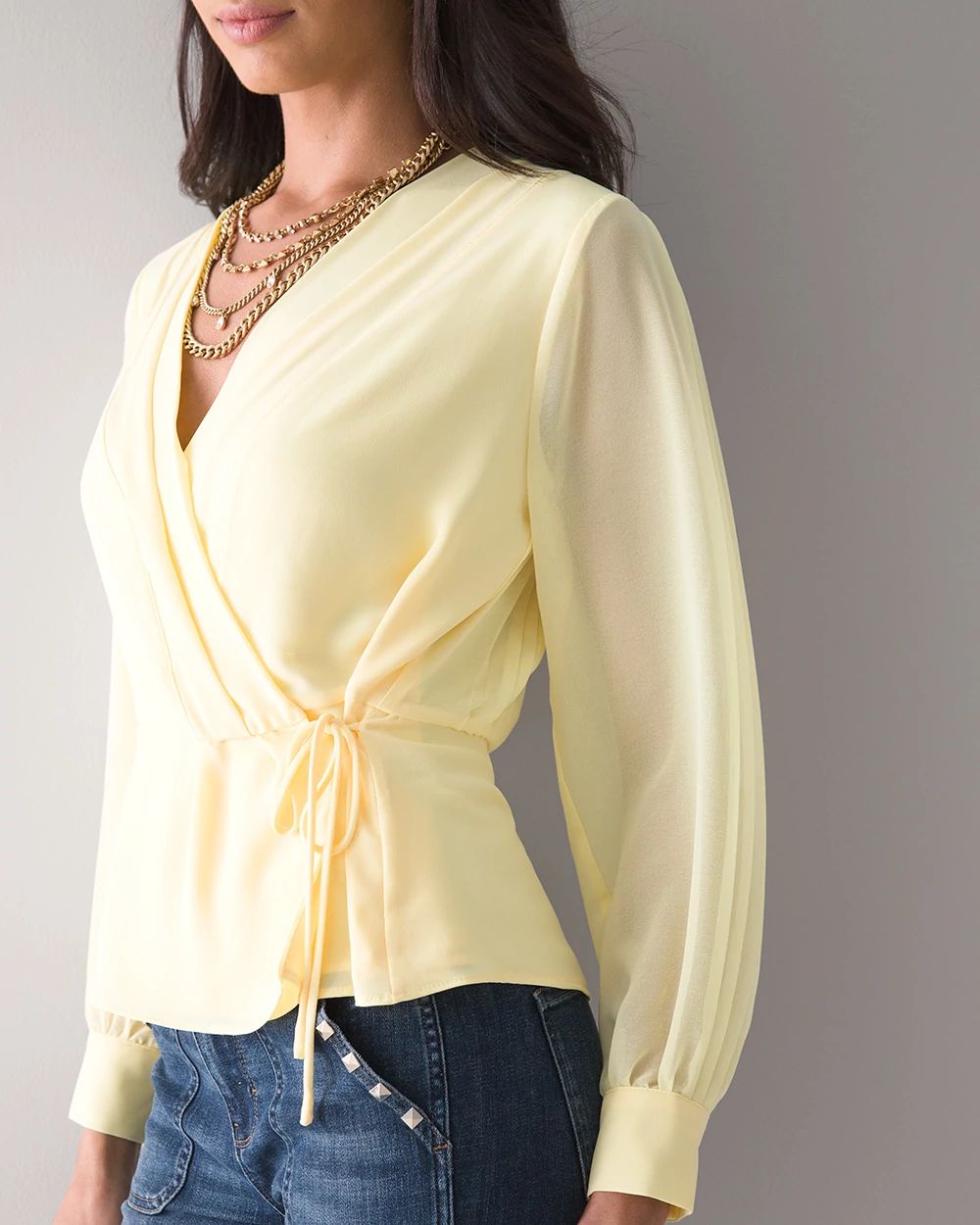Long-Sleeve Pleat-Back Surplice Blouse