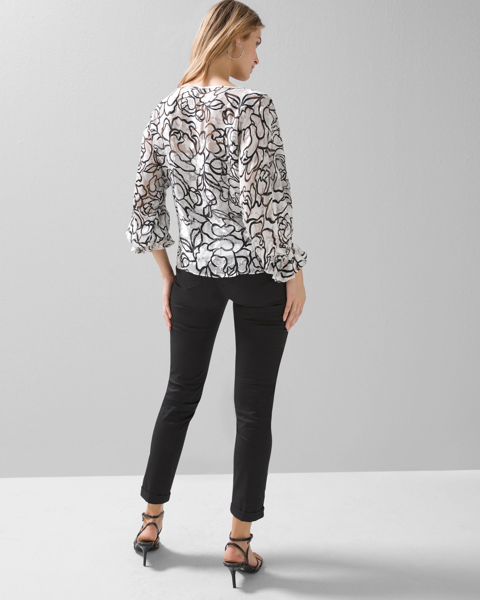 Long-Sleeve Silk Boat Neck Burnout Blouse