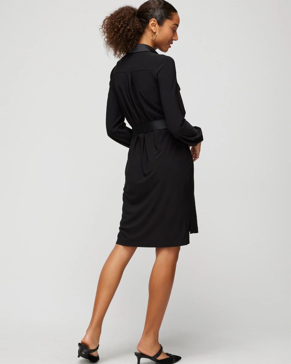 Long Sleeve Matte Jersey Shirtdress With Satin