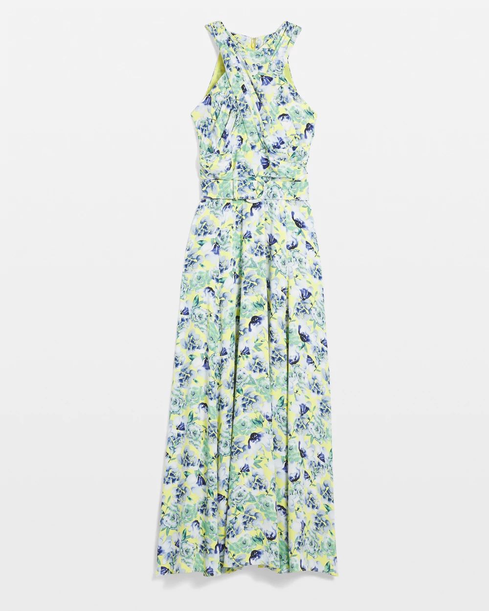 Petite Sleeveless Belted Halter Maxi Dress