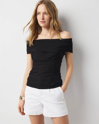 Off-the-Shoulder Ruched Mesh Top